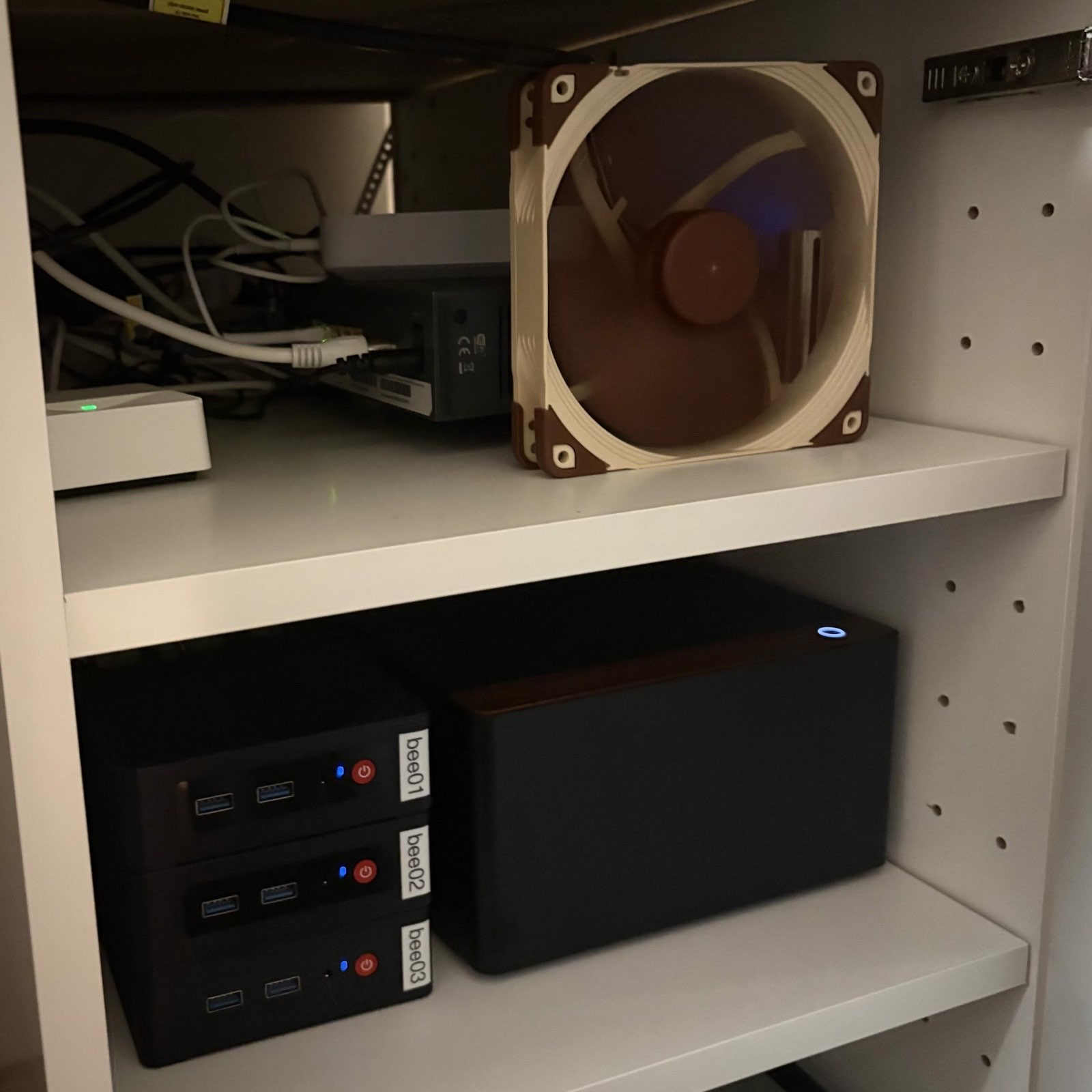 The homelab cluster in its cabinet